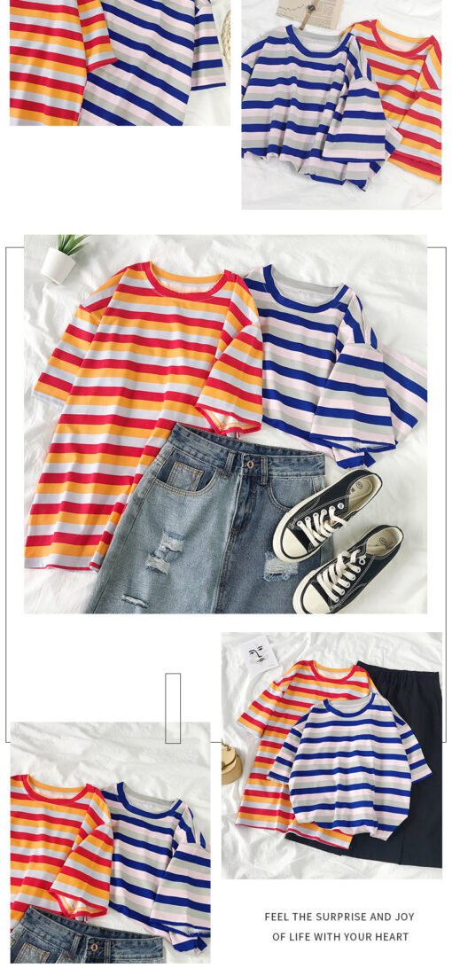 Vapetix M-3XL  Summer Loose and Simple Striped Short-Sleeve T-Shirt for Women, Japanese and Korean Style Casual Ne – Bild 9