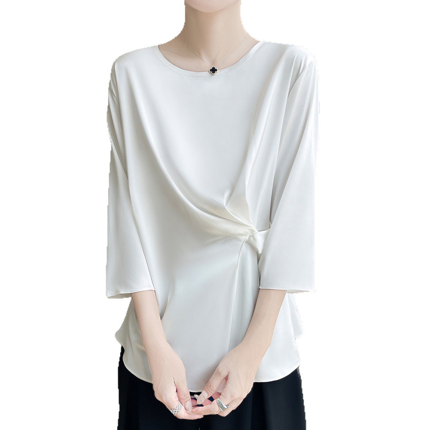 Vapetix M-XXL Summer New Breathable Lightweight Silk Satin Knitted Short Sleeve Irregular Design Women's Round Ne – Bild 8