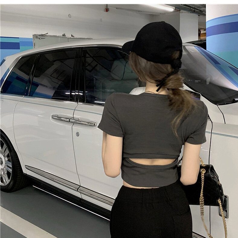 Vapetix S-XL Women's Summer New Round Neck Nipple-Baring Short-Sleeve Base Top with Design Sense, Outwear, Hot G – Bild 5