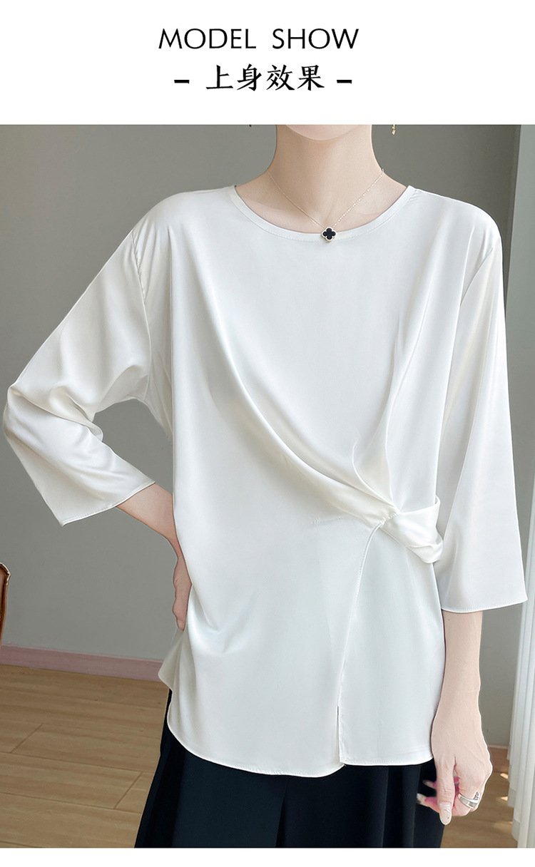 Vapetix M-XXL Summer New Breathable Lightweight Silk Satin Knitted Short Sleeve Irregular Design Women's Round Ne – Bild 9