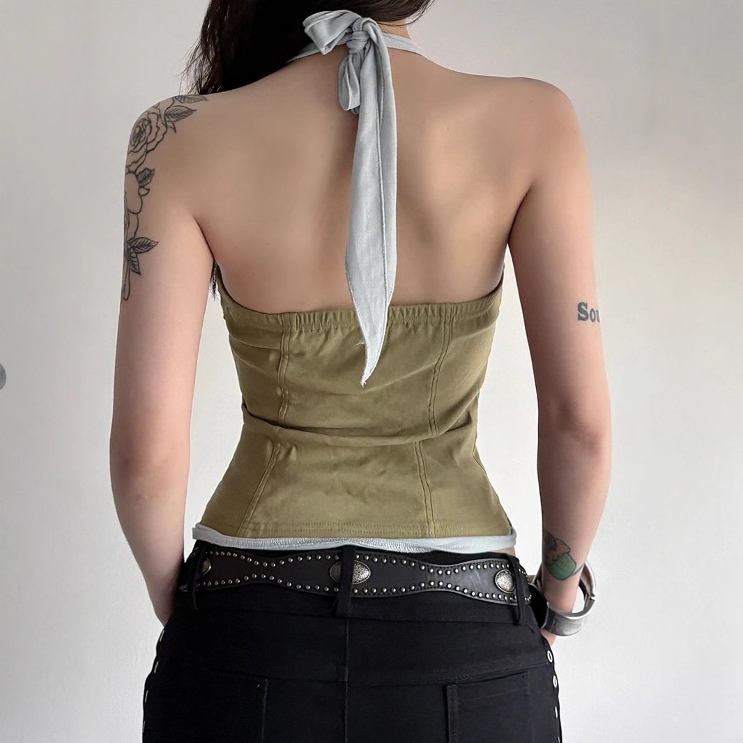 Vapetix S-L Vintage workwear style off-the-shoulder slimming waistline spliced fake two-piece vest women's new – Bild 7