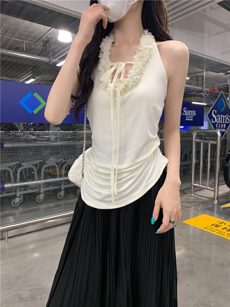 Vapetix Free Size-Free Size Shot Design Pure Color Sexy Flower Splicing V-Neck Backless Top for Women Summer Slimming Matchable – Bild 5