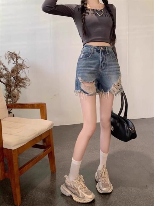 Vapetix S-XL  Korean-style design frayed hole denim shorts for women, summer American retro high-waisted slimming – Bild 6