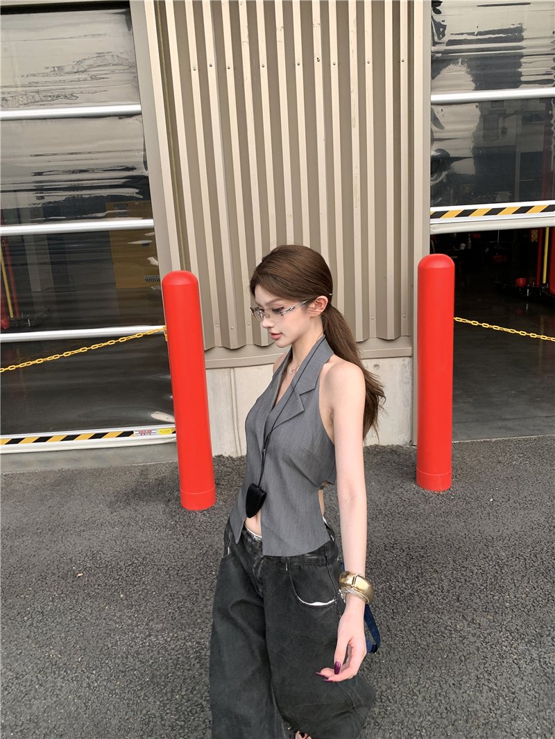 Vapetix S-XL Shot! Necktie Suit Sexy Backless Straps Blouse Top Women Loose Black Low-Waist Casual Denim Trend – Bild 5