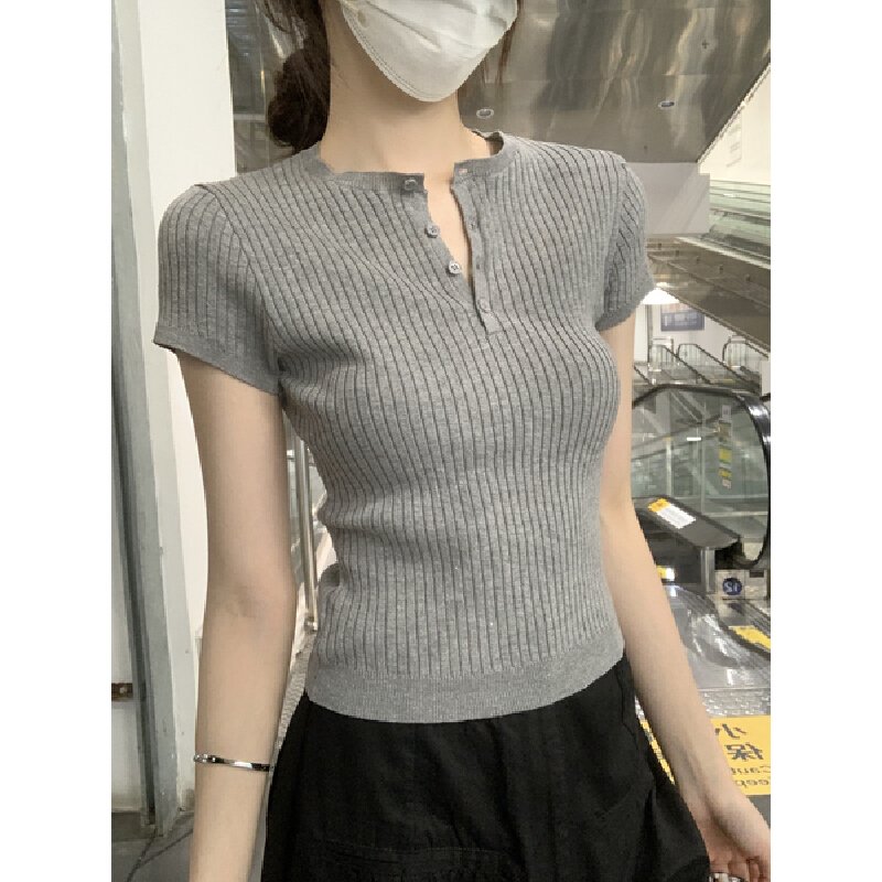 Vapetix Free Size-Free Size Photographed Summer Korean Style Fitted Crew Neck Button-up Versatile 6 Wool Knit Shirt Short Sleev - 图片 8