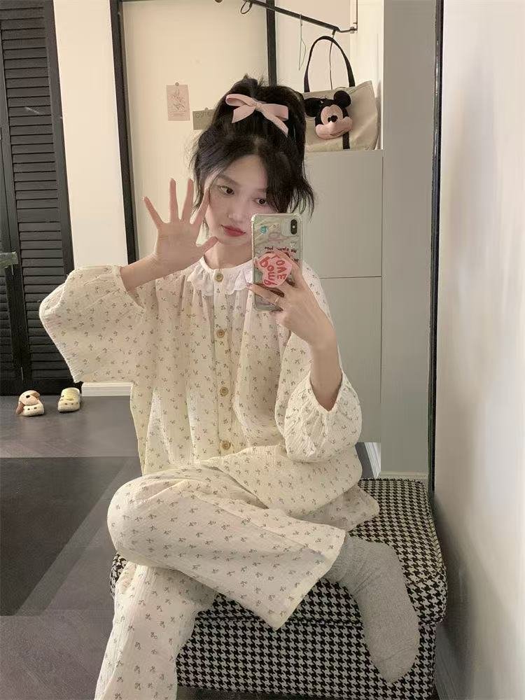 Vapetix M-XXL Women's Spring and Autumn Sleepwear Cloud Cotton Long Sleeve Small Stand Collar Long Sleeve Long Pa – Bild 3