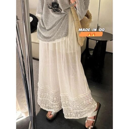 Vapetix S-2XL  Lace Embroidery Lace-up Ice Silk Wide Leg Pants for Women Summer Thin Sensual Casual Cool Pants – Bild 6