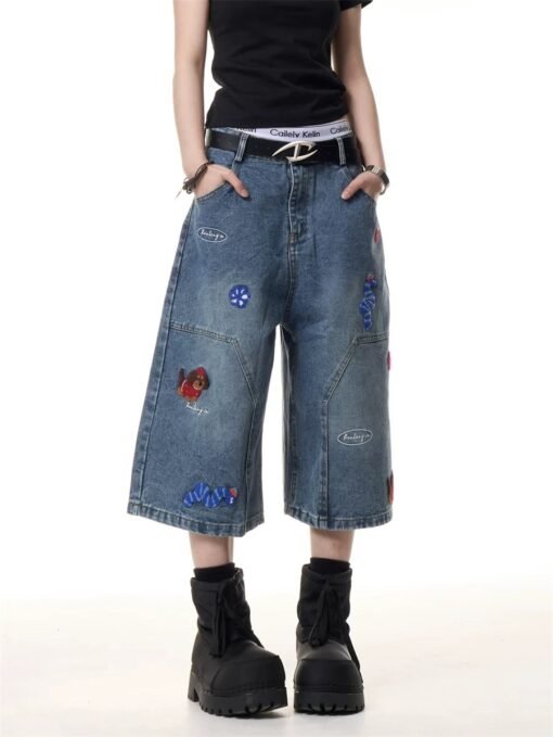 Vapetix S-XL  Korean-American Retro Dog Patchwork Denim 7/8 Length Pants for Women - Summer Loose Fit Versatile W – Bild 5