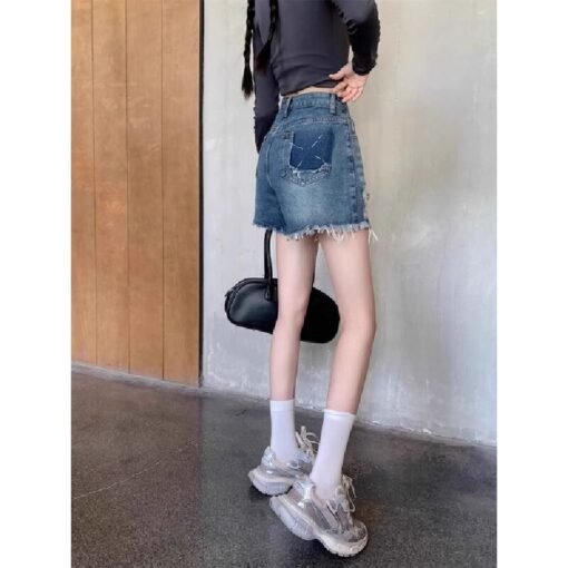 Vapetix S-XL  Korean-style design frayed hole denim shorts for women, summer American retro high-waisted slimming – Bild 7