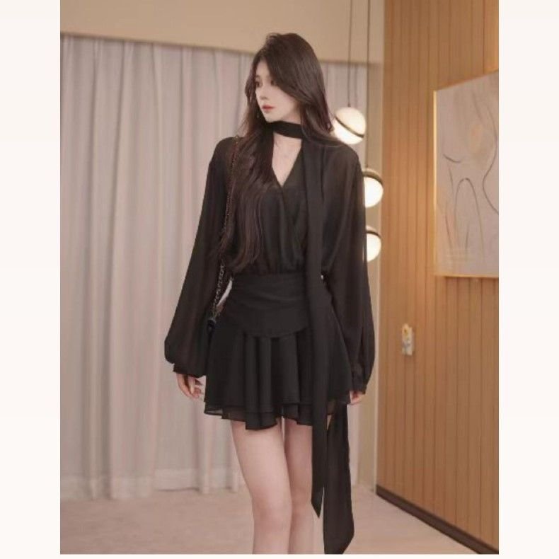 Vapetix S-2XL V-neck black women's summer 2025 new retro short pleated tie-dye chiffon dress with design sense, b – Bild 8