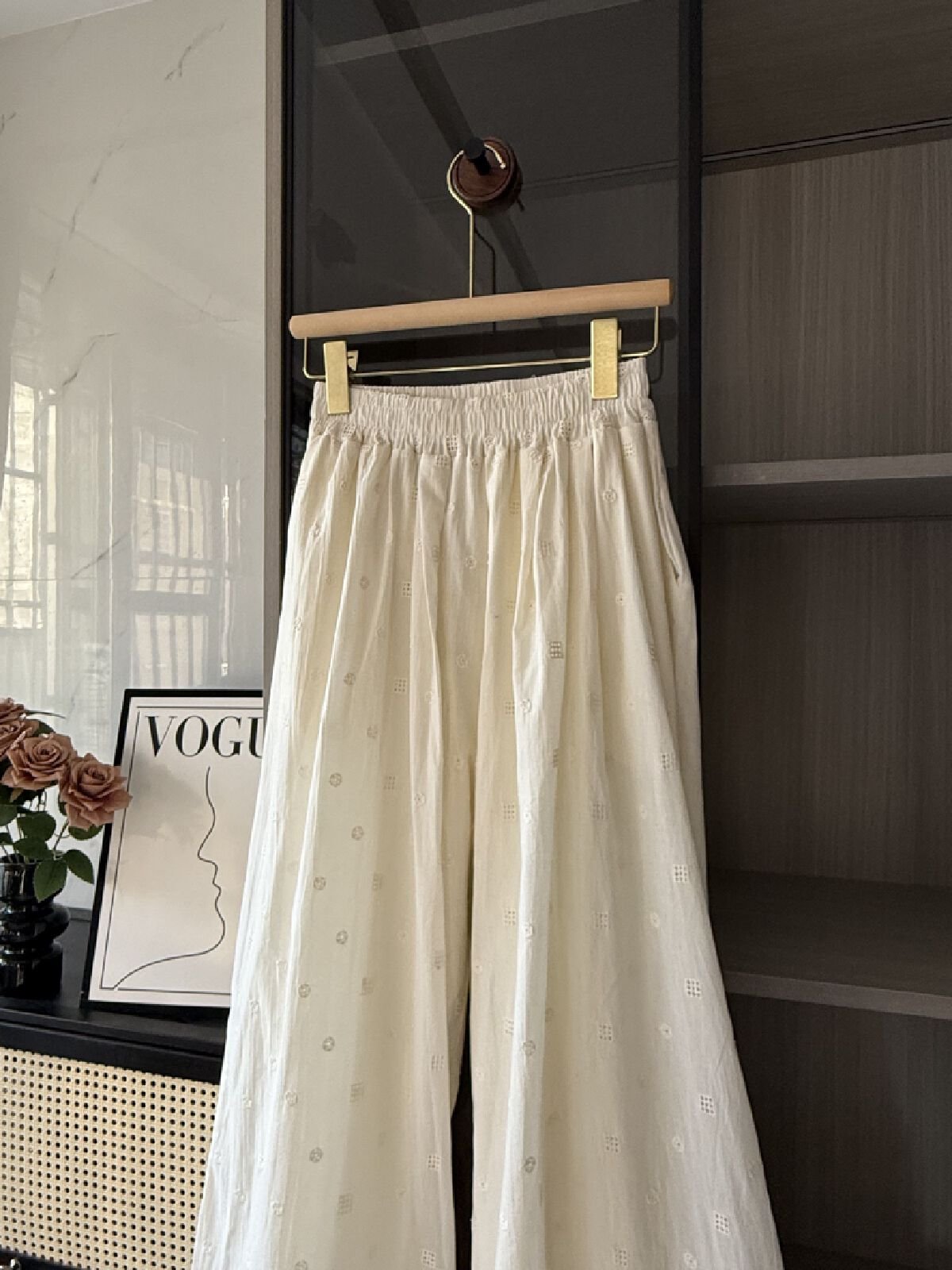 Vapetix S-2XL 100% Cotton Lace Patchwork Waffle Hollow-out Lace Casual Wide Leg Pants Women's Spring and Summer H – Bild 6