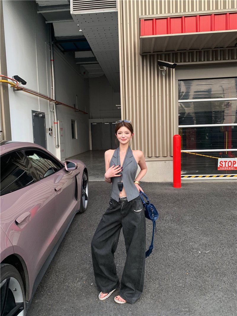 Vapetix S-XL Shot! Necktie Suit Sexy Backless Straps Blouse Top Women Loose Black Low-Waist Casual Denim Trend – Bild 6