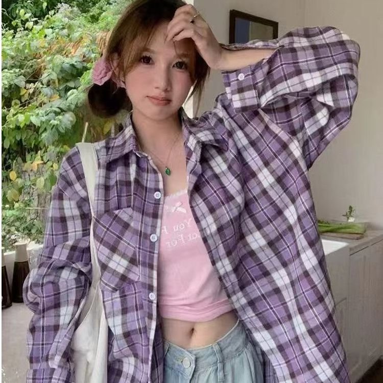 Vapetix S-2XL Retro Purple Check Shirt American Spring Design 2025 Unique Loose Long Sleeve Blouse Top Women's Ou – Bild 5
