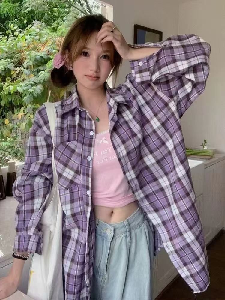Vapetix S-2XL Retro Purple Check Shirt American Spring Design 2025 Unique Loose Long Sleeve Blouse Top Women's Ou – Bild 6