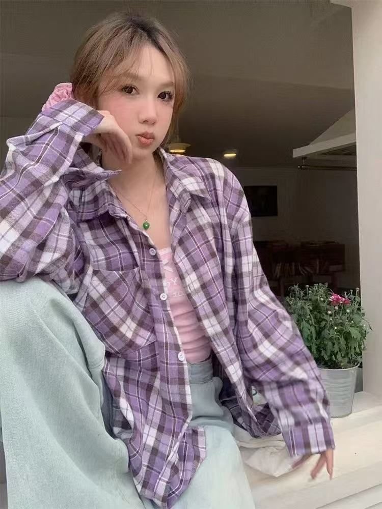 Vapetix S-2XL Retro Purple Check Shirt American Spring Design 2025 Unique Loose Long Sleeve Blouse Top Women's Ou – Bild 7