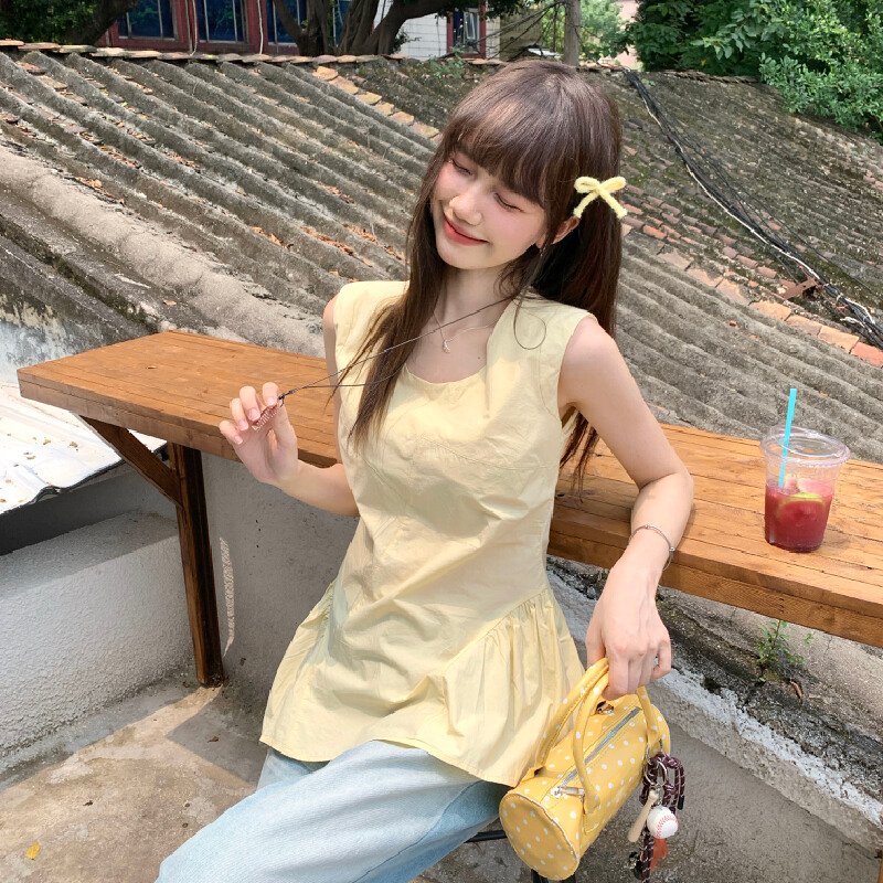 Vapetix S-L Actual shot #Yellow French-style petite bourgeoisie backless top for women, summer 2025 new Korean- – Bild 2