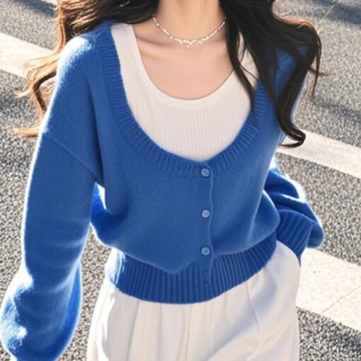 Vapetix Free Size-Free Size  Stylish Youthful Upgrading Blouse Blue Pencil Dress Knit Top for Women 2025 Autumn New Arrival Tren – Bild 6