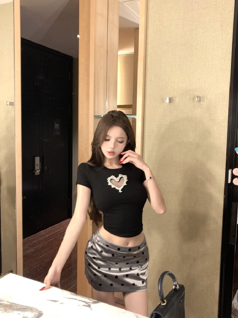 Vapetix S-M Real shot! Hollow-out sparkling diamond slim-fit short-sleeved T-shirt for women, polka dot low-wai – Bild 6