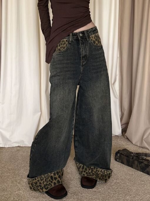 Vapetix XS-XL  Korean-style new American retro leopard print hemmed indie design patchwork women's wide-leg pants – Bild 9