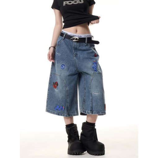 Vapetix S-XL  Korean-American Retro Dog Patchwork Denim 7/8 Length Pants for Women - Summer Loose Fit Versatile W – Bild 6