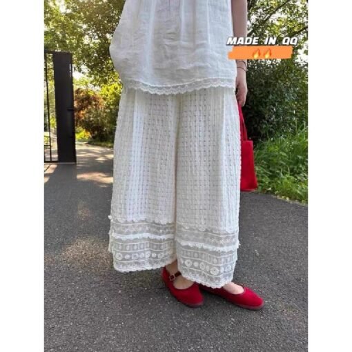 Vapetix S-2XL  Lace Embroidery Lace-up Ice Silk Wide Leg Pants for Women Summer Thin Sensual Casual Cool Pants – Bild 7