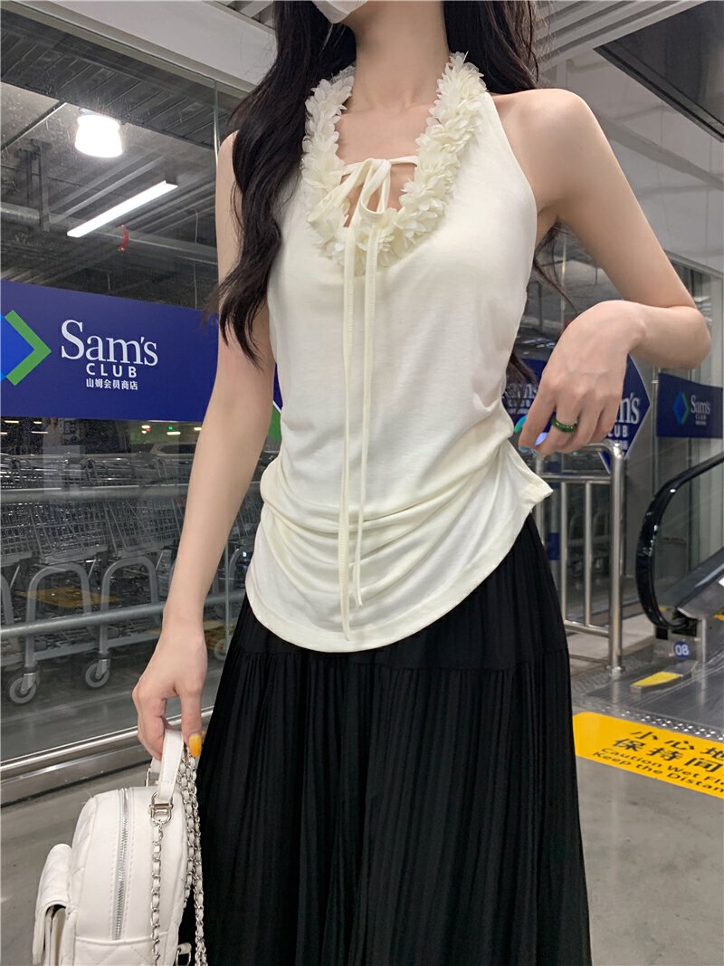 Vapetix Free Size-Free Size Shot Design Pure Color Sexy Flower Splicing V-Neck Backless Top for Women Summer Slimming Matchable – Bild 7