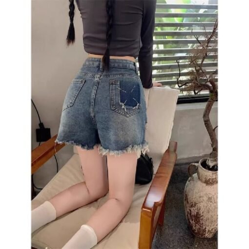 Vapetix S-XL  Korean-style design frayed hole denim shorts for women, summer American retro high-waisted slimming – Bild 8