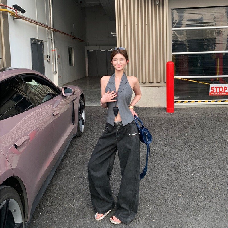 Vapetix S-XL Shot! Necktie Suit Sexy Backless Straps Blouse Top Women Loose Black Low-Waist Casual Denim Trend – Bild 7