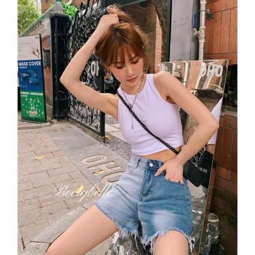 Vapetix XS-XL  Korean women's new fashion color-blocked frayed button tie-dye versatile casual jeans shorts trendy – Bild 5