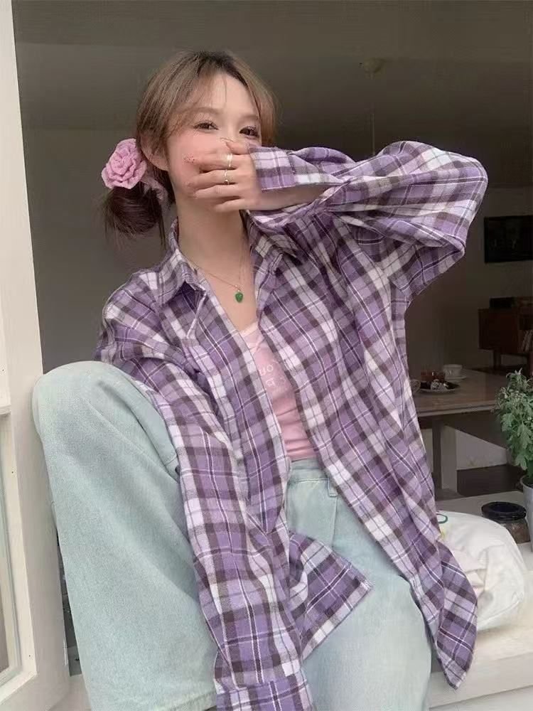 Vapetix S-2XL Retro Purple Check Shirt American Spring Design 2025 Unique Loose Long Sleeve Blouse Top Women's Ou – Bild 8