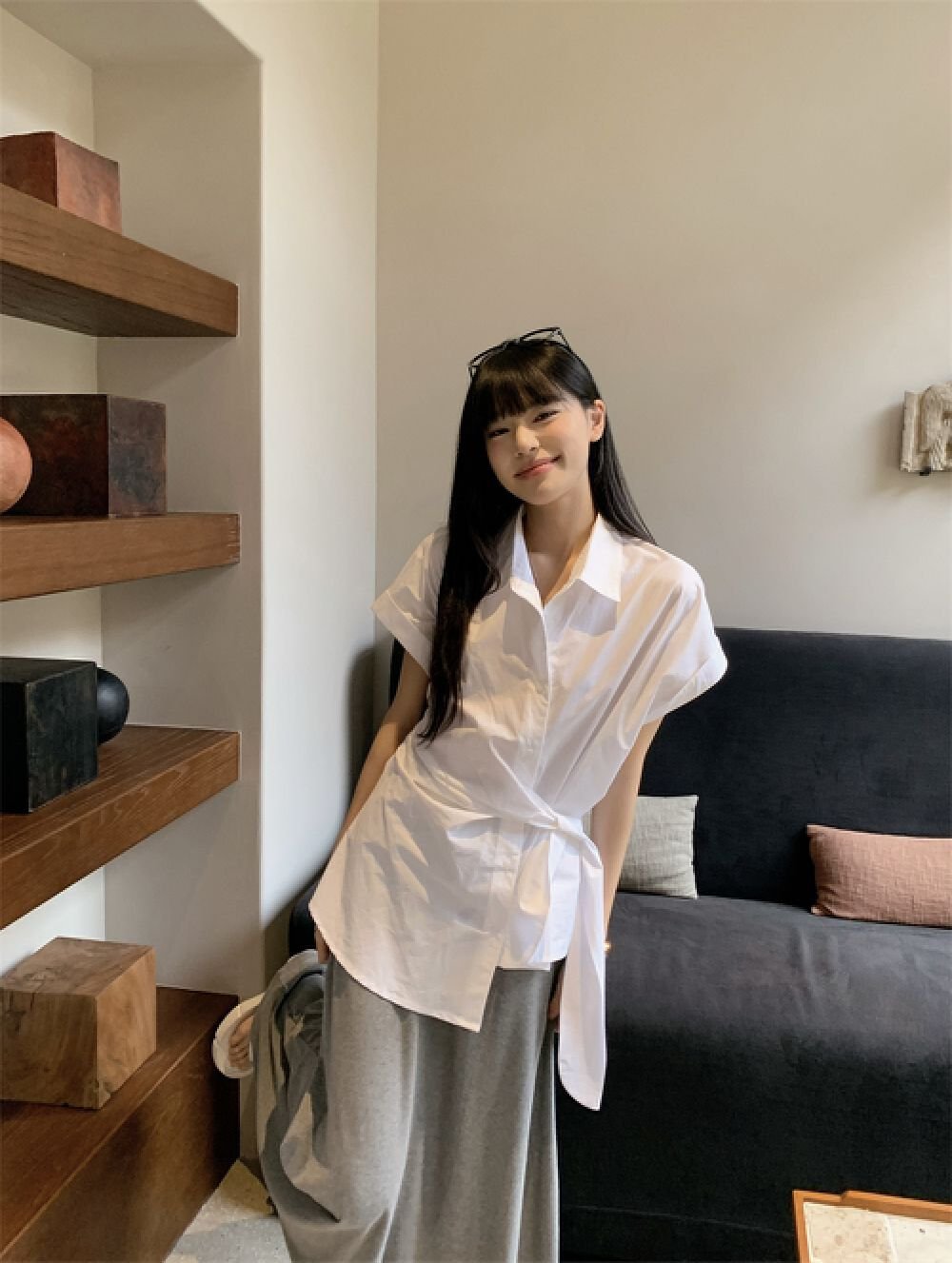 Vapetix S-XL Chic waist-cinch strap short-sleeve polo collar white women's summer slimming medium-length French – Bild 8