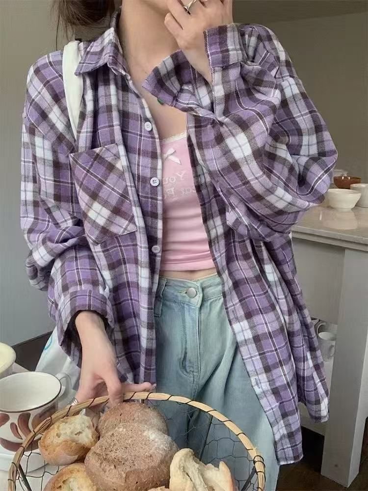 Vapetix S-2XL Retro Purple Check Shirt American Spring Design 2025 Unique Loose Long Sleeve Blouse Top Women's Ou – Bild 9