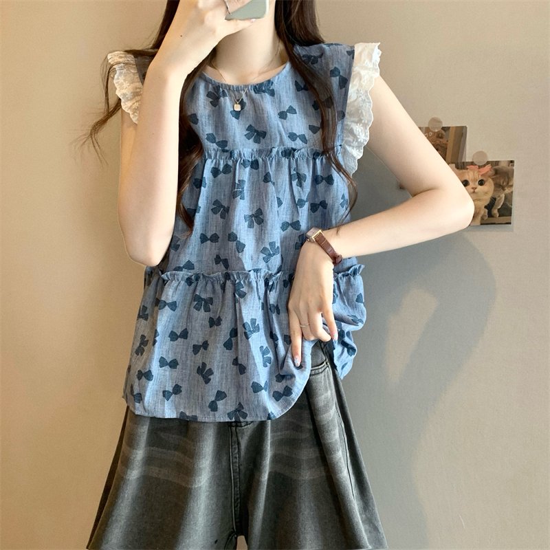 Vapetix Free Size-Free Size Real shot New version French lace flared sleeve sleeveless doll shirt blouse – Bild 4