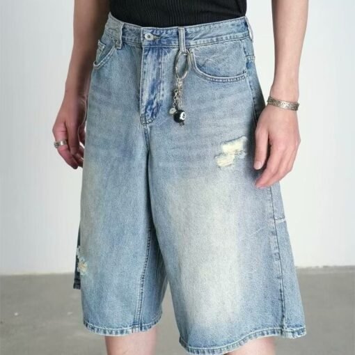 Vapetix S-2XL  High-waisted summer new holey straight-leg pants, ragged shorts, wide-leg pants, loose women's slim – Bild 7