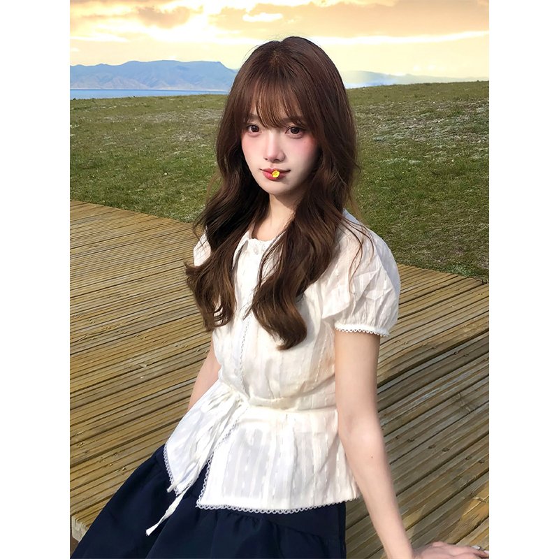 Vapetix S-XL White Babydoll Collar Short-Sleeve Women's Summer Bubble Sleeve Blouse, Fitted Slimming Collared To – Bild 5