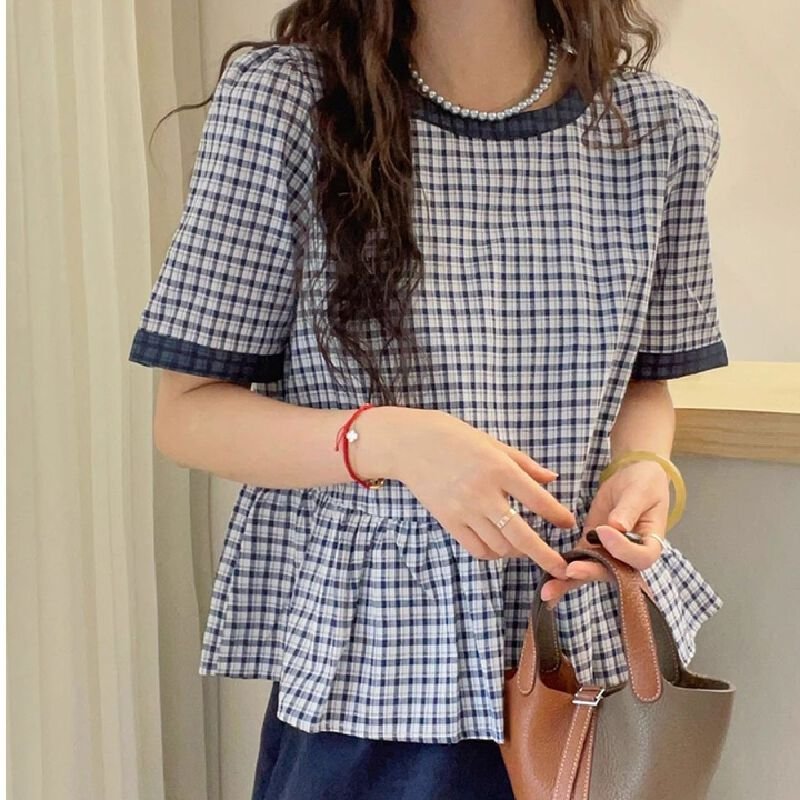 Vapetix S-XL 80% cotton, 20% polyester checkered fabric, leisurely and beautiful color-blocking checkered round- – Bild 4