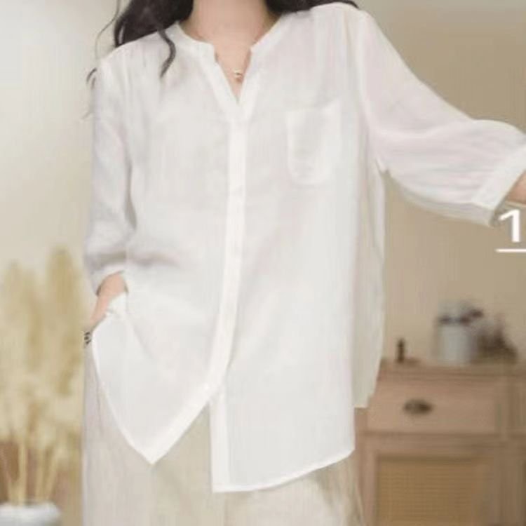 Vapetix M-3XL Korean Version Art Deco Retro Summer Thin Cotton Linen Shirt Women Loose V-Neck Blouse Jacket Casua – Bild 8