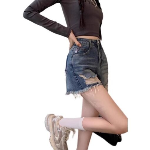 Vapetix S-XL  Korean-style design frayed hole denim shorts for women, summer American retro high-waisted slimming – Bild 9