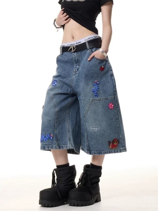 Vapetix S-XL  Korean-American Retro Dog Patchwork Denim 7/8 Length Pants for Women - Summer Loose Fit Versatile W – Bild 8