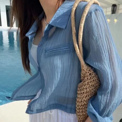 Vapetix Free Size-Free Size  Korean chic summer chiffon blouse with single button drawstring waist-cinch short sleeve sun protec – Bild 8