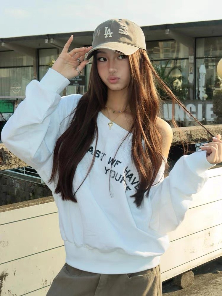 Vapetix M-2XL High-Quality Mamba Cotton 300g Vintage American Print Asymmetrical Shoulder Hoodie Women's Loose To - 图片 5