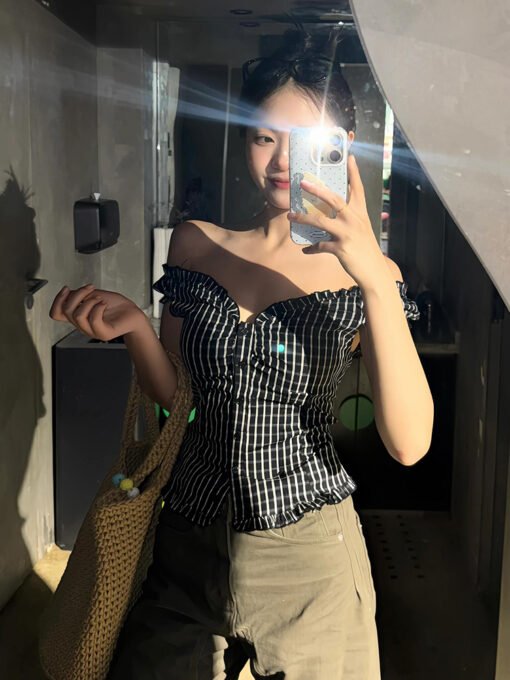 Vapetix S-XL  Korean Retro Black and White Gingham One-Shoulder Women's Summer Two-Way Off-the-Shoulder Backless – Bild 7