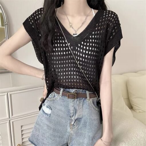 Vapetix Free Size-Free Size  Korean Version New Grid Hollow Design Sensory Unconventional Loose Knit Top Women Summer Versatile – Bild 7
