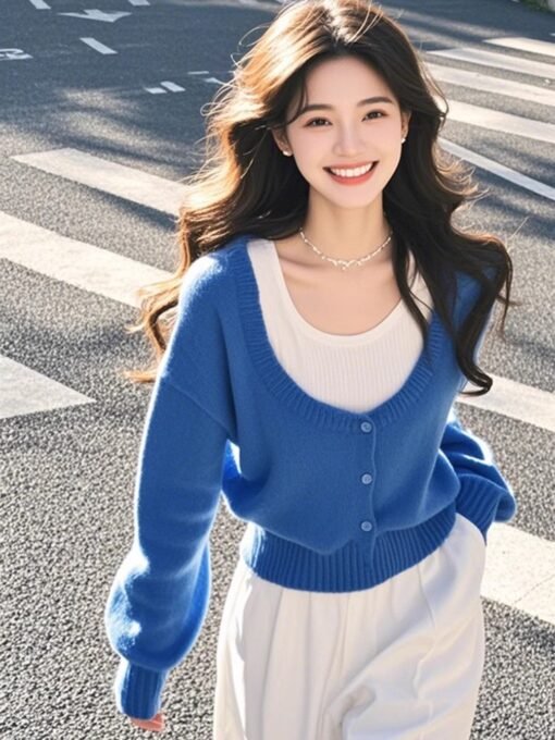 Vapetix Free Size-Free Size  Stylish Youthful Upgrading Blouse Blue Pencil Dress Knit Top for Women 2025 Autumn New Arrival Tren – Bild 9