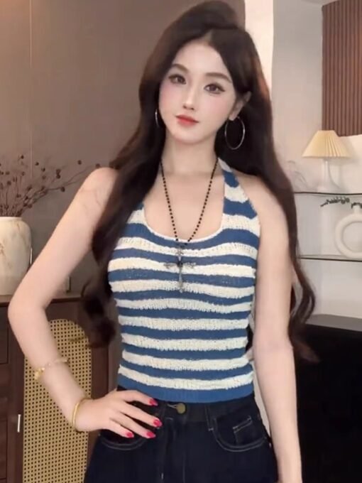 Vapetix Free Size-Free Size  American-style spicy off-shoulder striped V-neck halter top for women, 2025 summer new sexy slimmin – Bild 5
