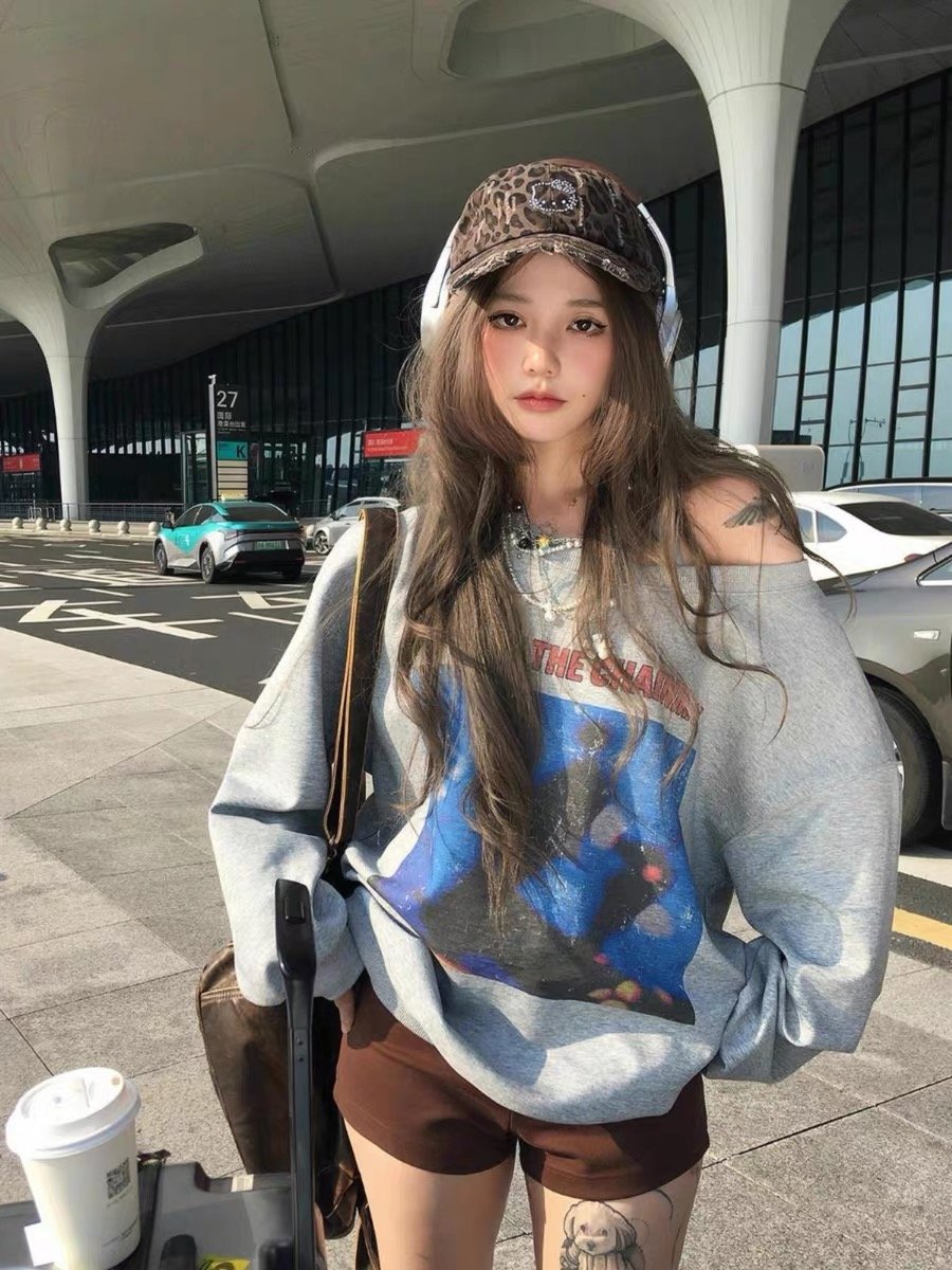 Vapetix M-2XL High-Quality 【Mamba Cotton 300g】Vintage American Print Sloping Shoulder Hoodie for Women - Loose To – Bild 3