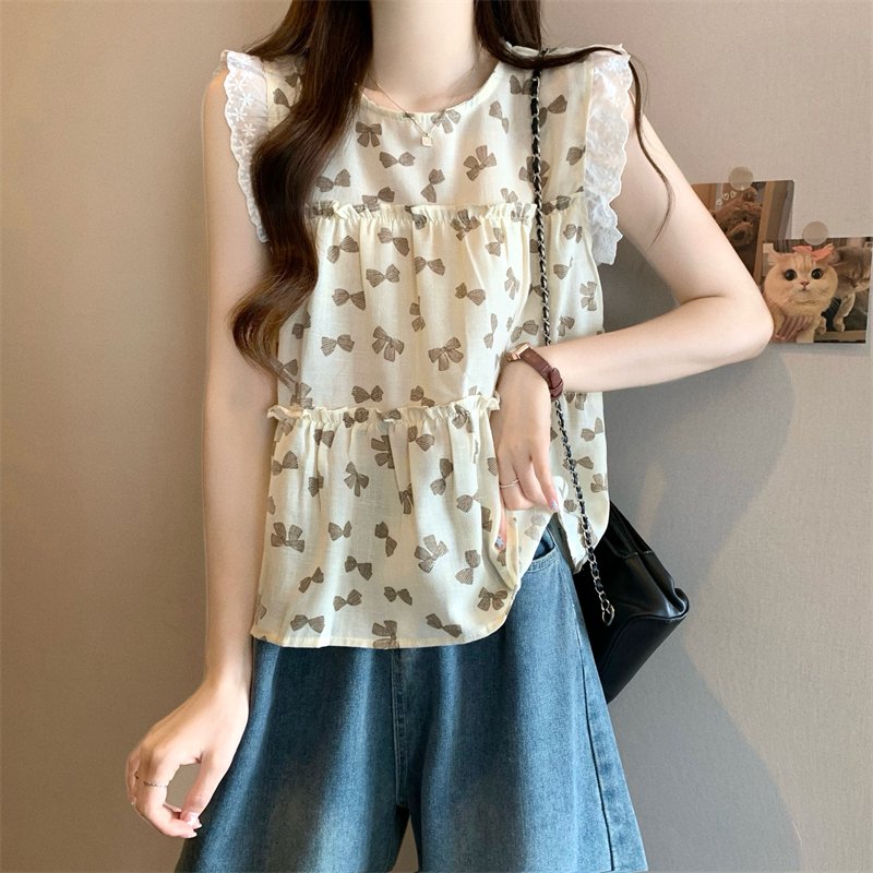 Vapetix Free Size-Free Size Real shot New version French lace flared sleeve sleeveless doll shirt blouse – Bild 6