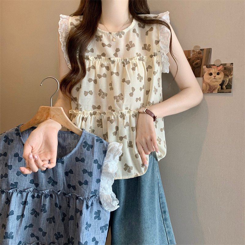 Vapetix Free Size-Free Size Real shot New version French lace flared sleeve sleeveless doll shirt blouse – Bild 7