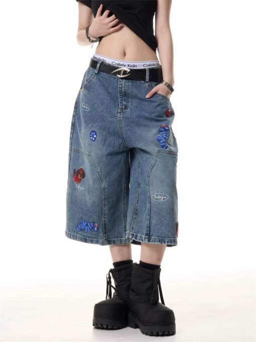 Vapetix S-XL  Korean-American Retro Dog Patchwork Denim 7/8 Length Pants for Women - Summer Loose Fit Versatile W – Bild 9