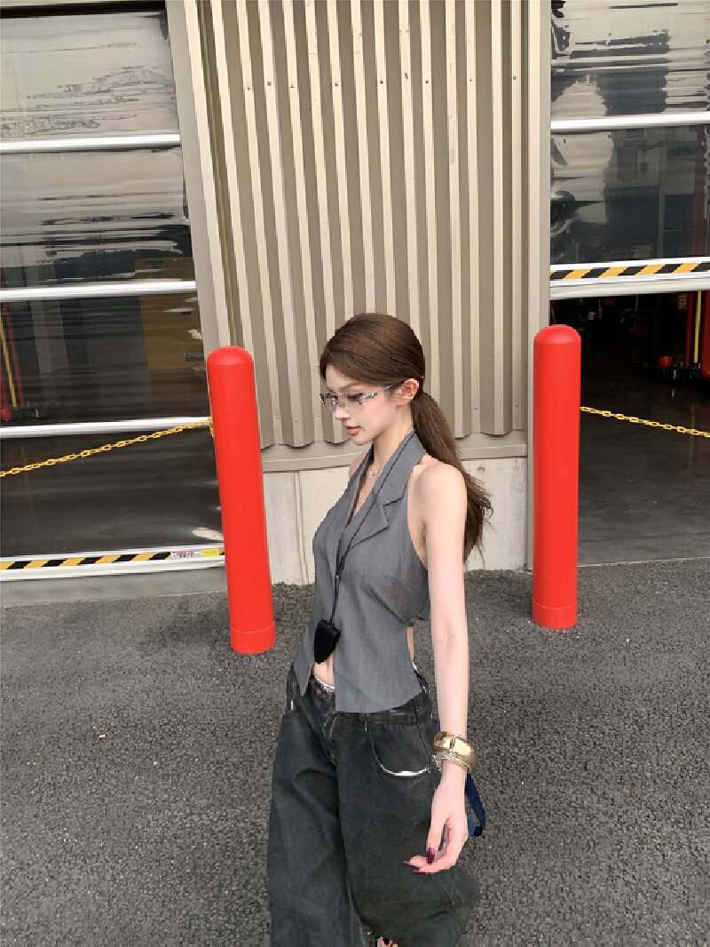 Vapetix S-XL Shot! Necktie Suit Sexy Backless Straps Blouse Top Women Loose Black Low-Waist Casual Denim Trend – Bild 8